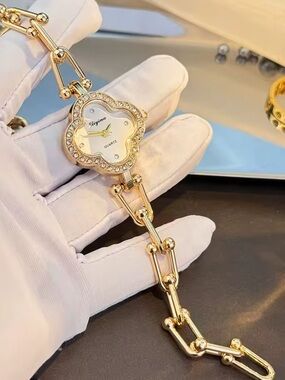 Anthropologie Gold Crystal-Trim Clover Bracelet Watch